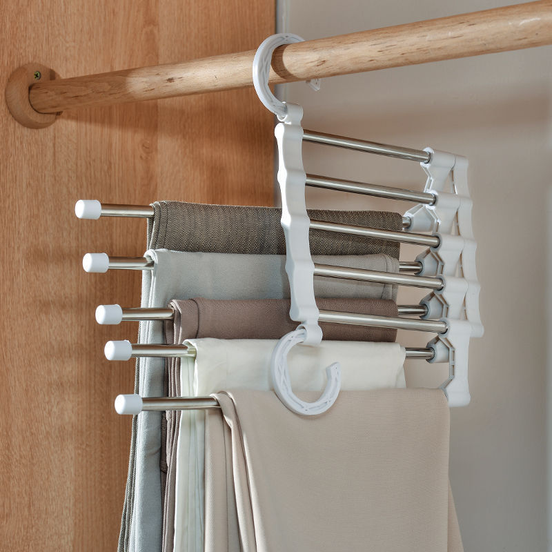 5 in 1 Magic Trouser Rack Hangers Stainless Steel Folding Pant Rack Tie Hanger Shelves Bedroom Closet Organizer Wardrobe Storage