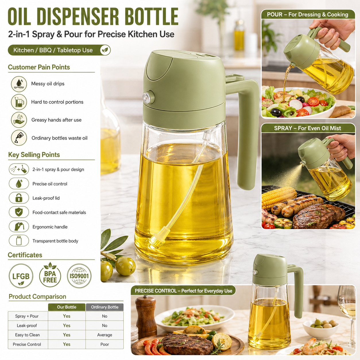 Leak Proof Kitchen Oil Dispenser Bottle OEM ODM Glass Olive Oil Bottle