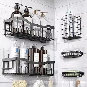 5-Pack Rustproof Stainless Steel Shower Caddy No Drill Adhesive Bathroom Organizer with Large Capacity, Spacious Shower Shelves